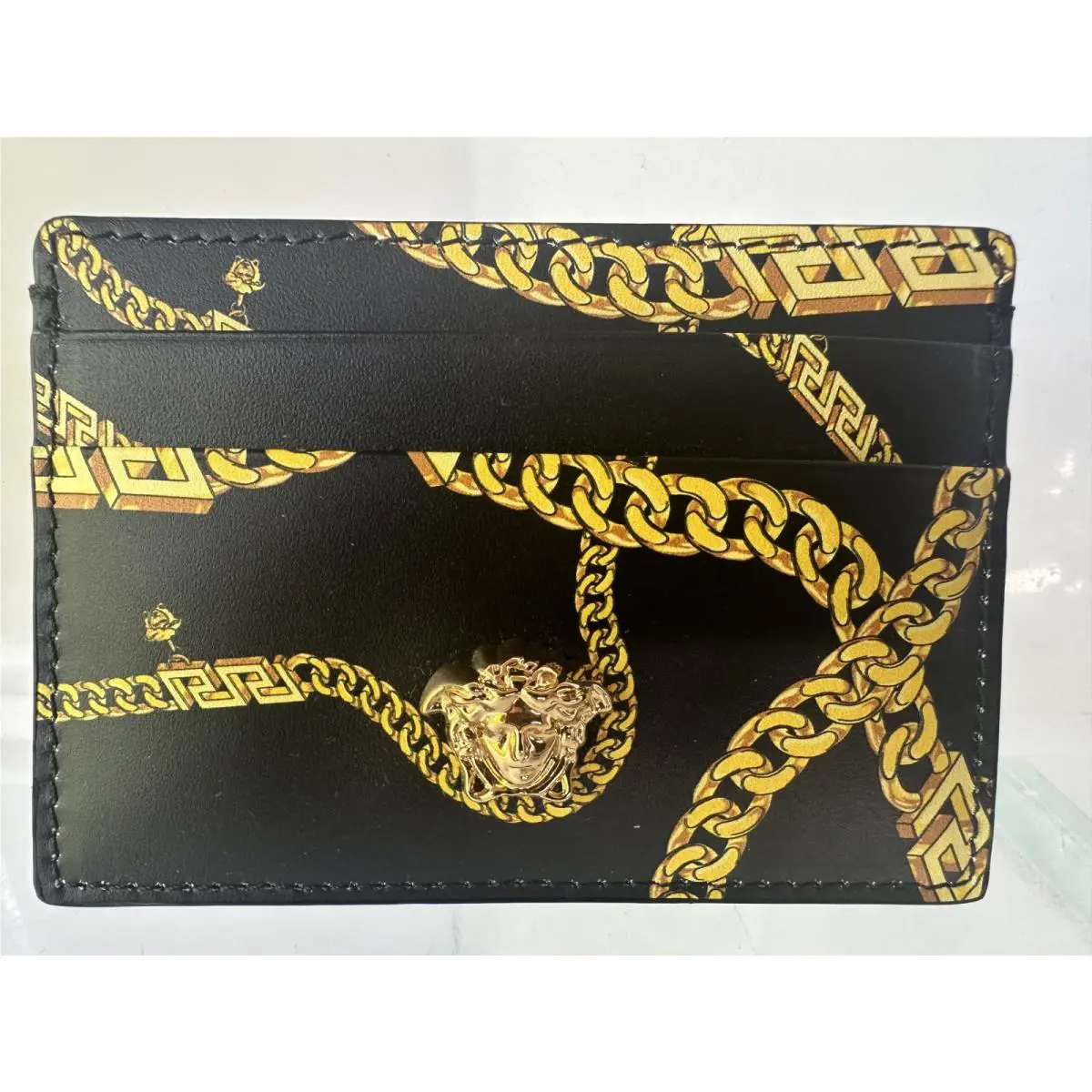 Versace Men`s CC Holder Wallet Credit Card Case Black Logo
