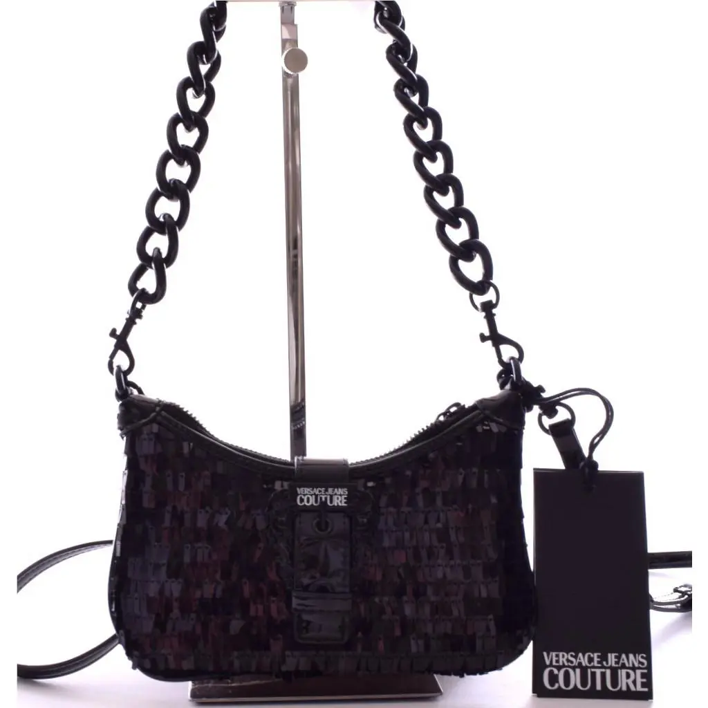 Versace Jeans Collection Small Black Sequin Chain Link Shoulder Bag