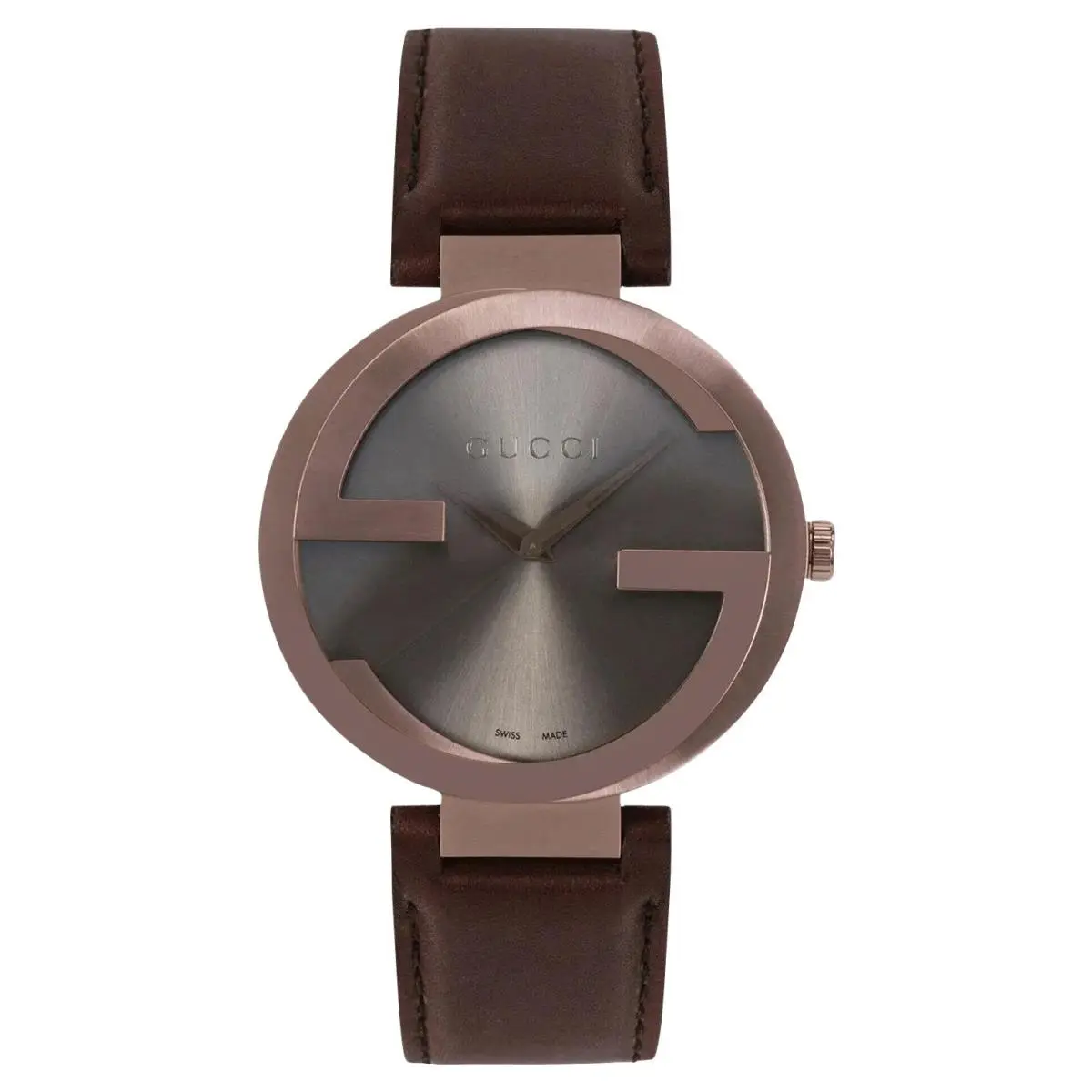 Gucci Interlocking XL Brown Pvd Brown Leather Strap Quartz Mens Watch YA133214