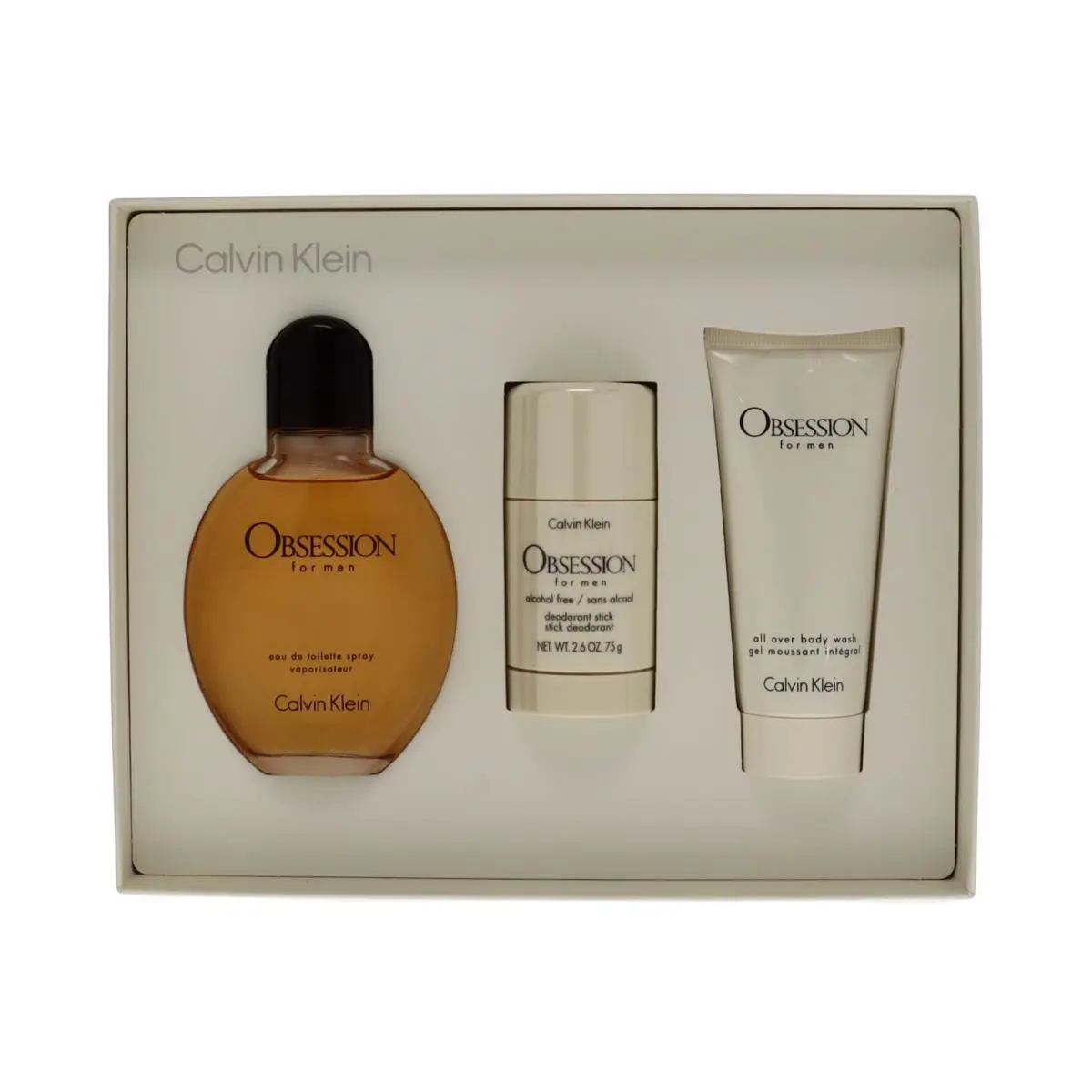 Calvin Klein Obsession 3pc Gift Set For Men4.2oz Edt + 2.6oz Stick + 3.3oz Wash