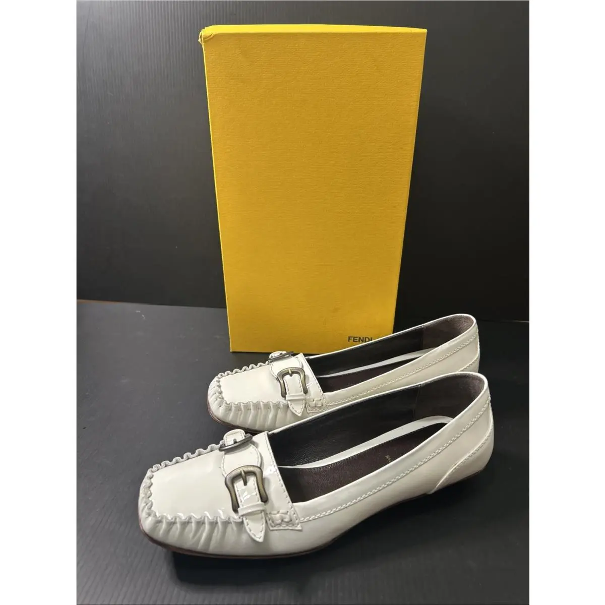 Fendi 37 White Patent Leather Buckle Loafers Dust Bag and Box
