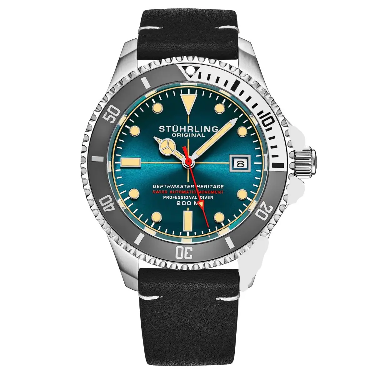 Stuhrling 883HL 07 Depthmaster Automatic Diver Black Leather Date Mens Watch by Stührling