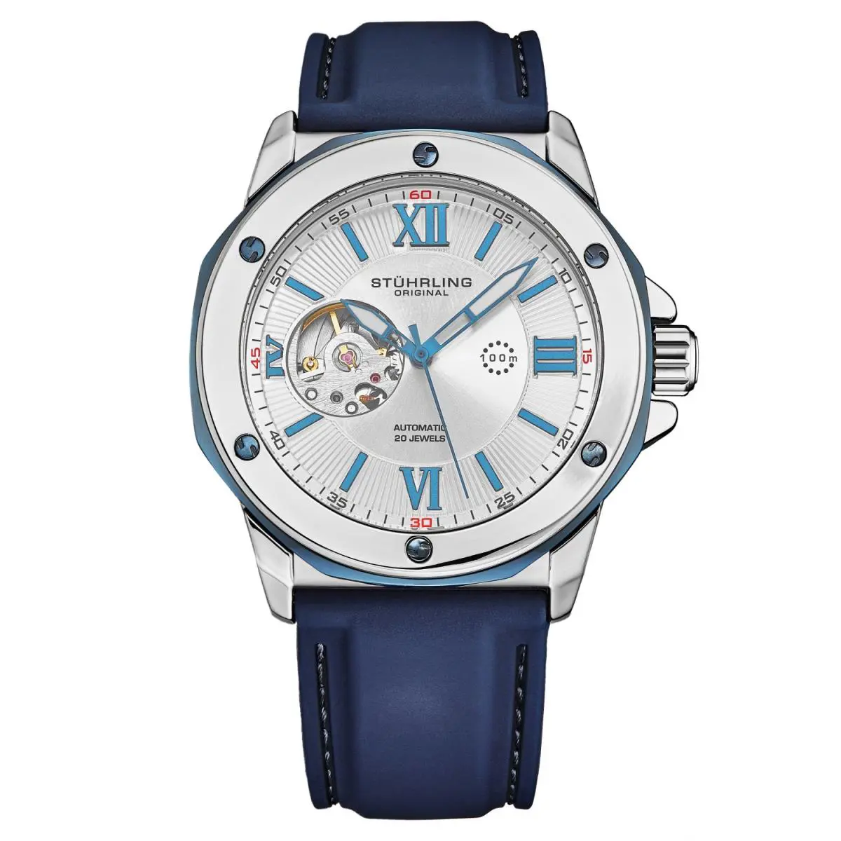 Stuhrling 4018 2 Edwardian Automatic Skeleton Blue Silicone Mens Watch by Stührling
