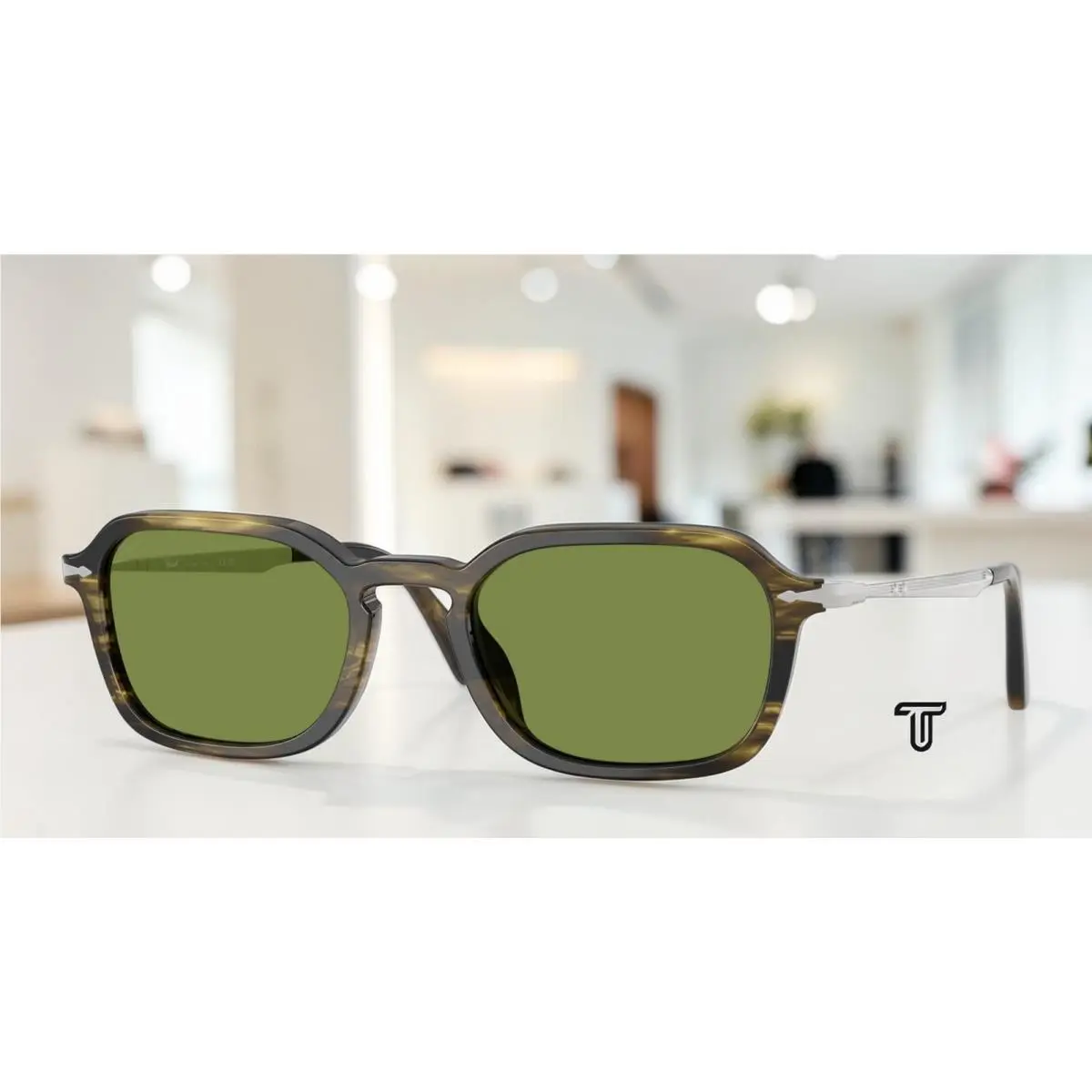 PO3381S 12374E Striped Black Olive Green Green 54 mm Unisex Sunglasses by Persol
