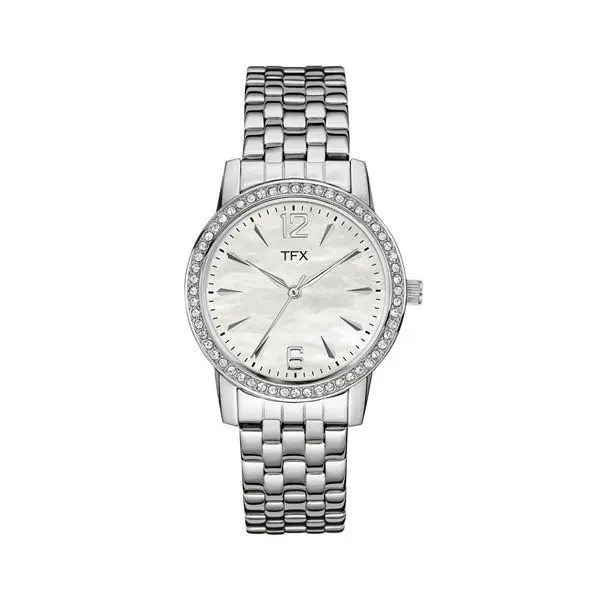 Tfx Bulova Quartz Watch Women Silver Rhinestone Mother of Pearl 36T115