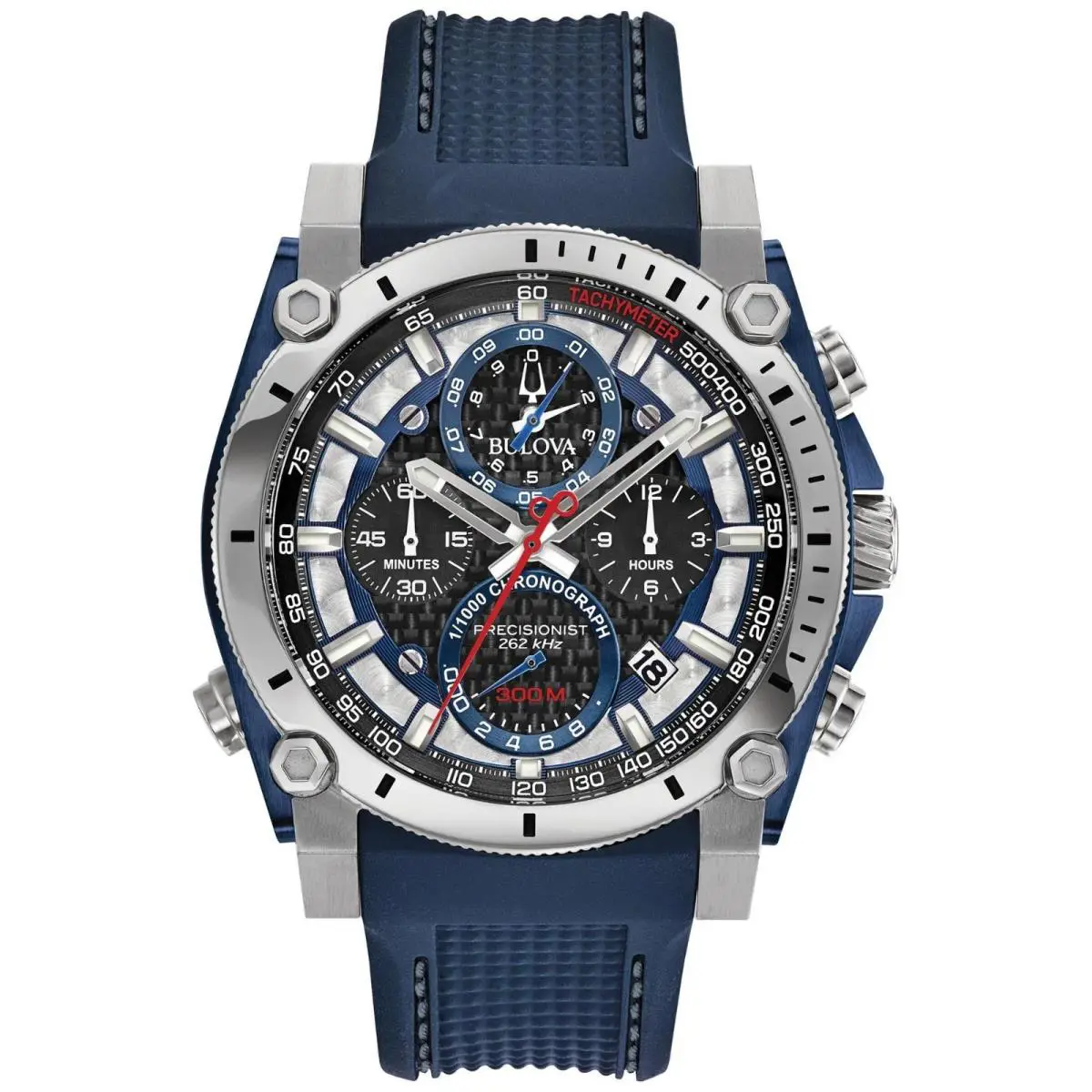 Bulova Precisionist Chronograph Carbon Dial Icon Blue Strap Watch 98B315 - Dial: Black, Blue, Silver, Band: Blue, Bezel: Silver