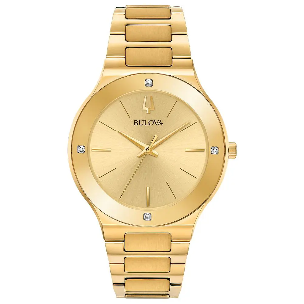 Bulova Futuro Millenia Diamonds Accents Gold Tone Mens Watch 97E100 - Dial: Champagne, Band: Gold, Bezel: Gold
