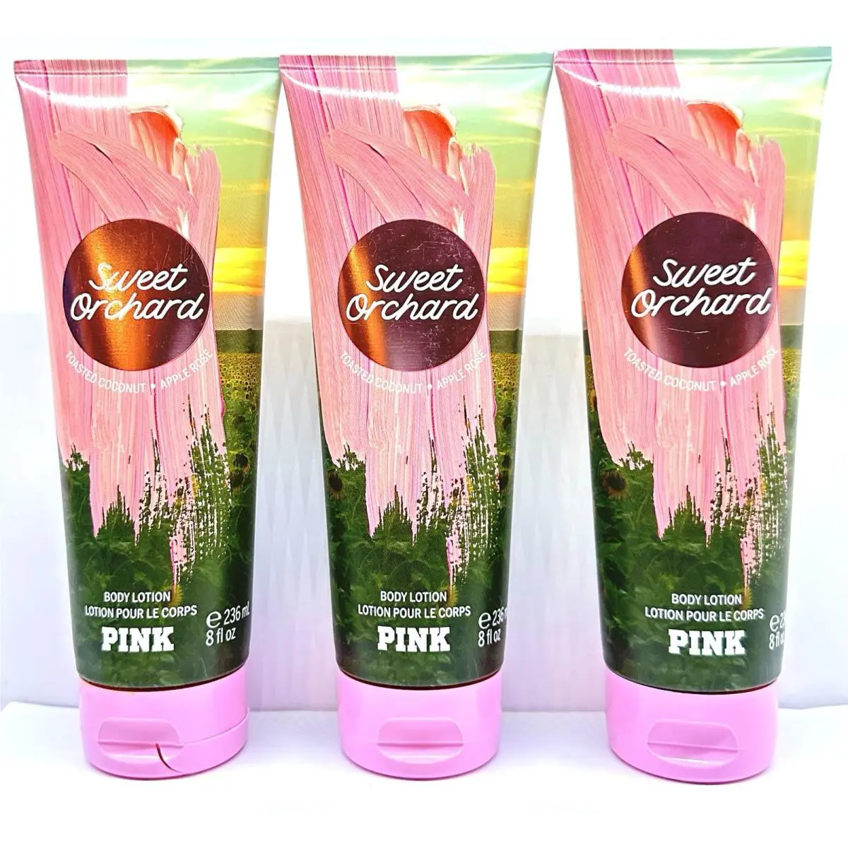 3/ Victoria`s Secret Pink Body Lotion Sweet Orchard Coconut Apple Rose 8 FL OZ
