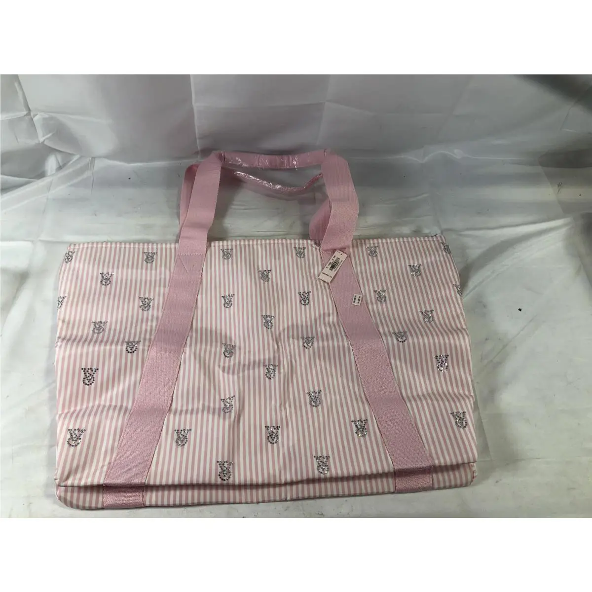 Victoria`s Secret Pink Stripe Glitter `v` Logo Tote Bag One Size