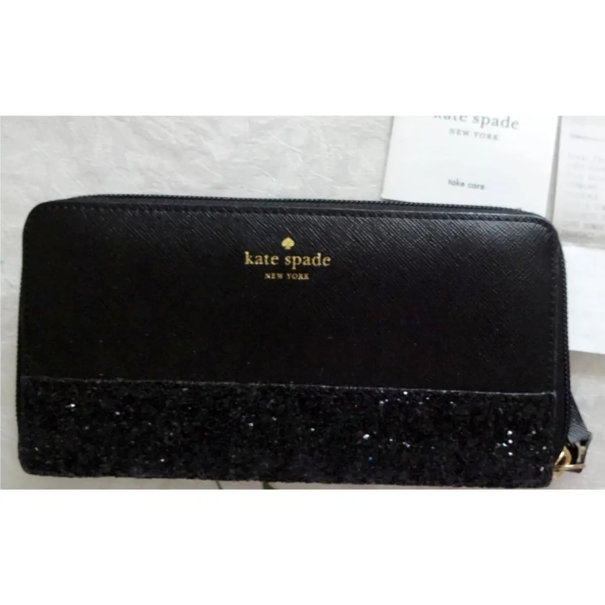 New Kate Spade Glitter Continental Women`s Wallet Black Large