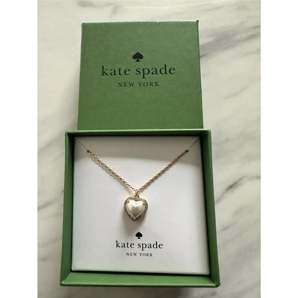 New Kate Spade New York Gold Tone White Pearl Heart Necklace My Love