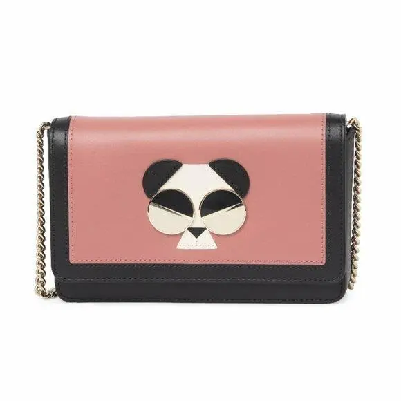 New Kate Spade Womens Pink Leather Panda Bear Foldover Chain Strap Crossbody Bag
