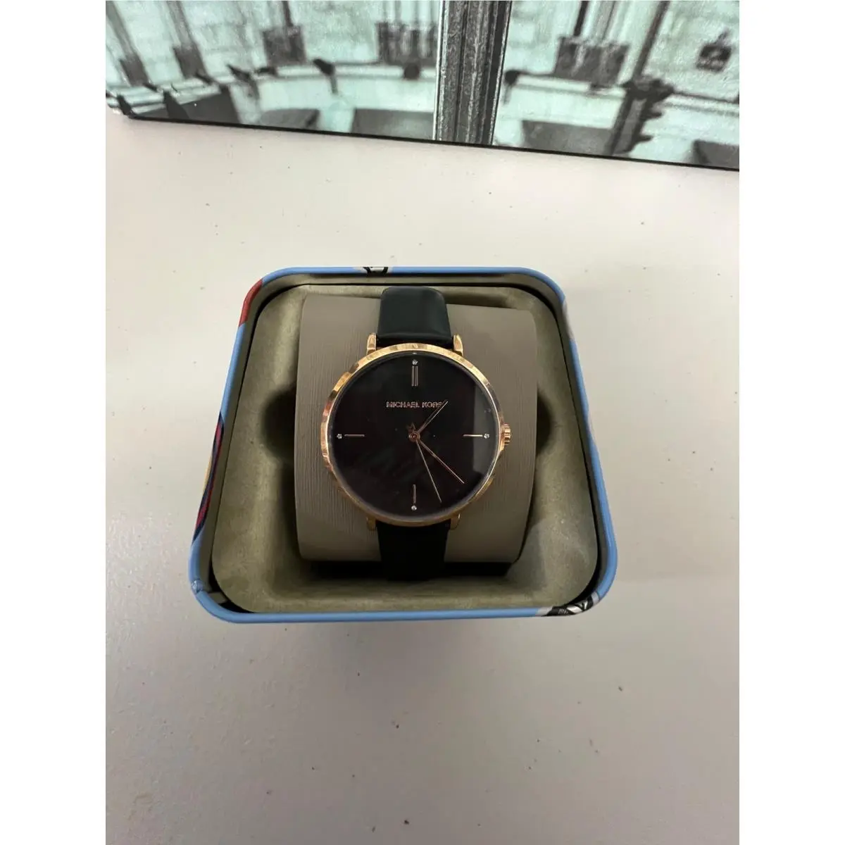 Michael Kors MK7101 Women`s Black Dial Gold Tone Black Leather Strap Watch