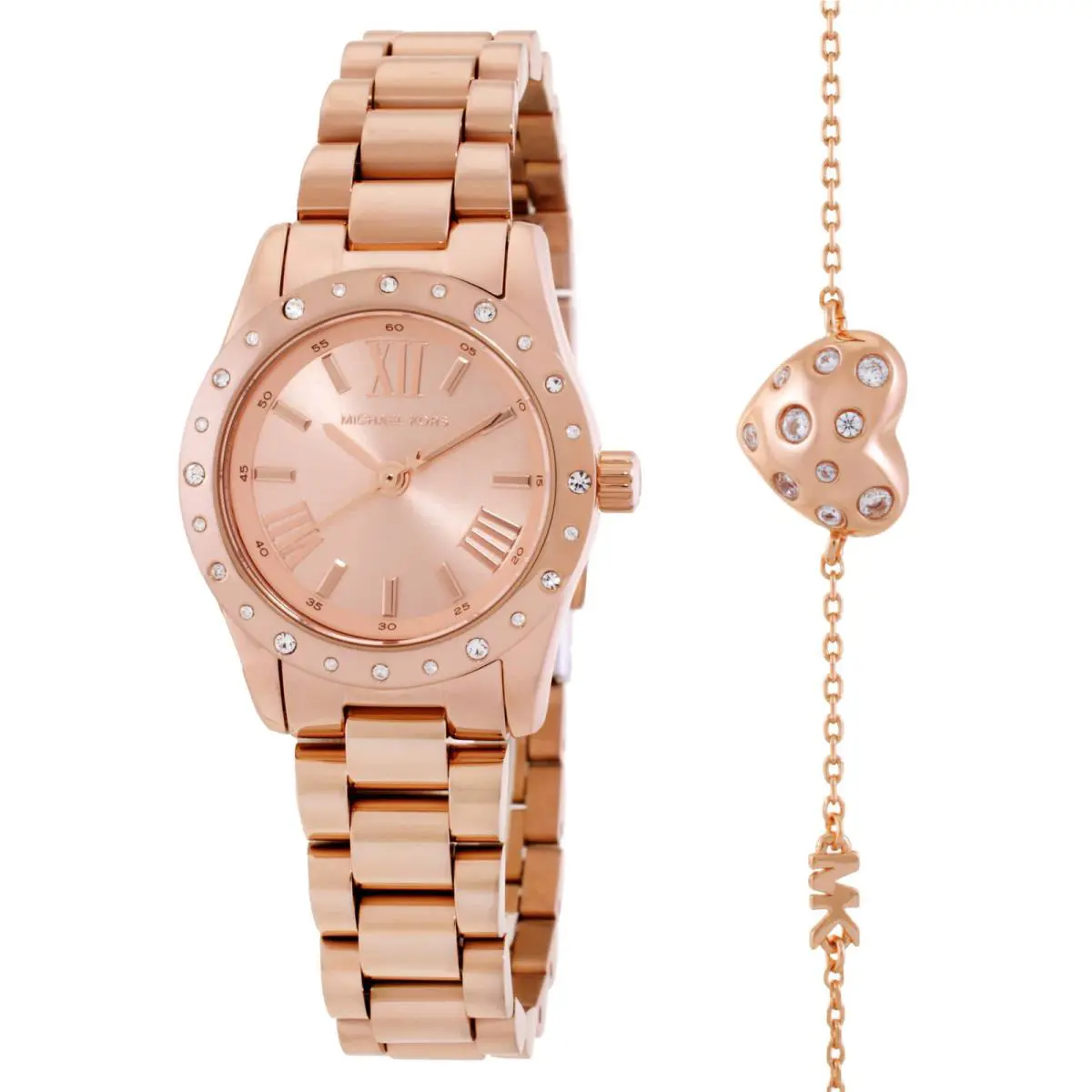 Michael Kors Petite Lexington Quartz Ladies Watch and Heart Bracelet Gift Set - Gold, Dial: Rose Gold-tone, Band: Rose Gold-tone