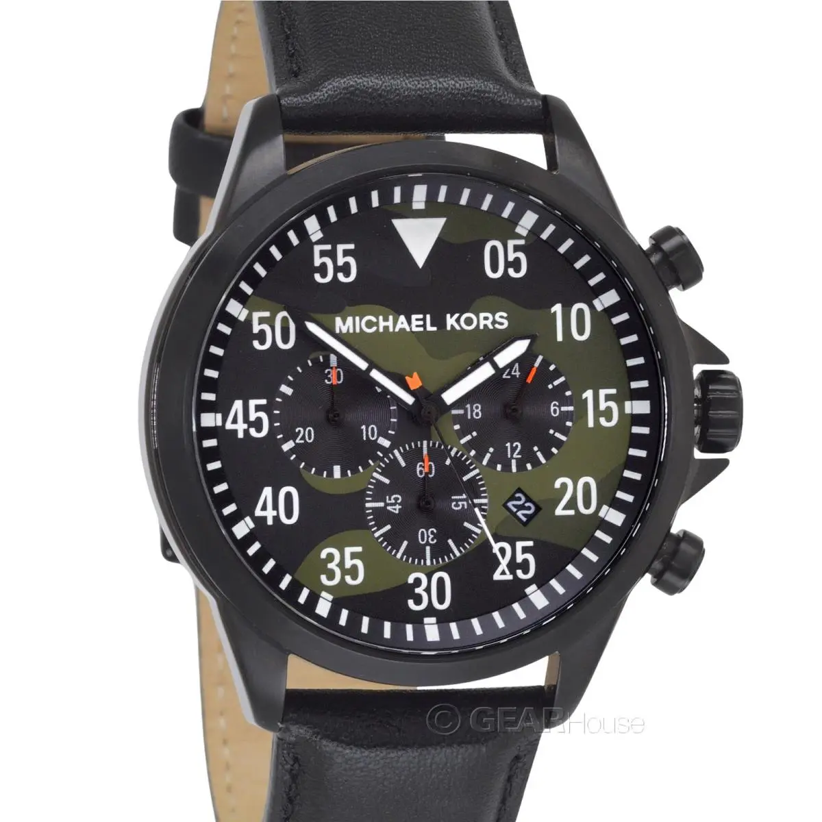 Michael Kors Thompkins Mens Chronograph Watch Green Camo Dial Black Leather Band