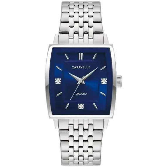 Caravelle by Bulova Men`s Modern Diamond Silver Stainless Steel Watch 43D108 - Dial: Blue, Band: Silver, Bezel: Silver