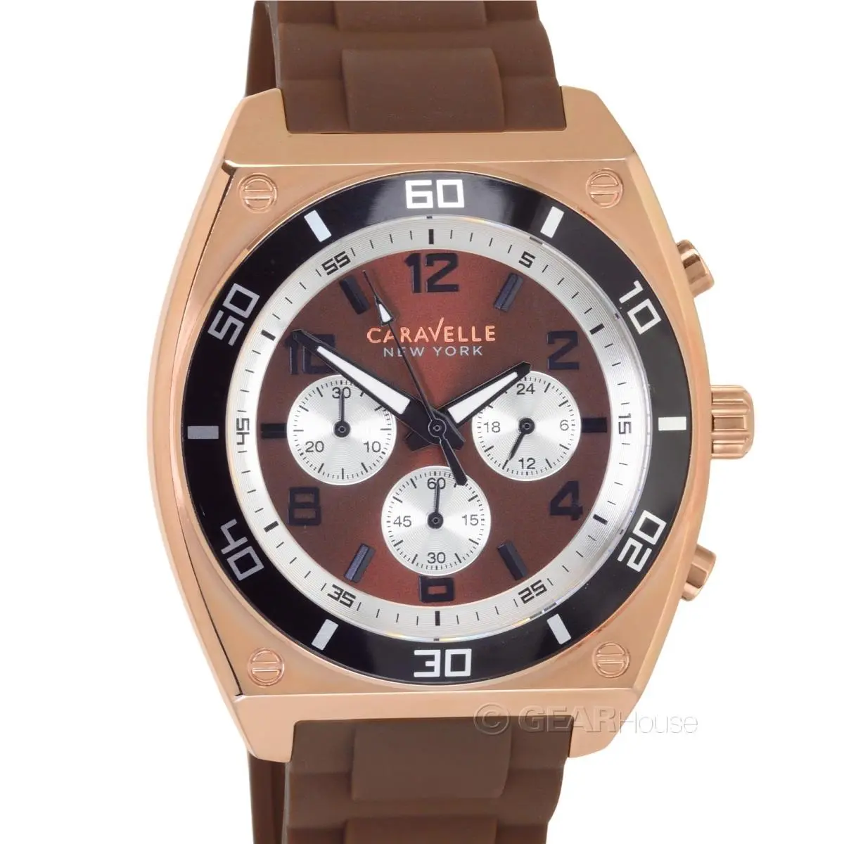 Caravelle NY by Bulova Mens Rose Gold Chronograph Watch Brown Dial Silicone Band