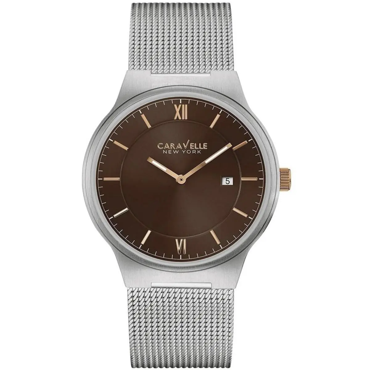 Caravelle New York by Bulova Men`s 45B138 Analog Display Quartz Silver Watch - Dial: Brown, Band: Silver, Bezel: Silver