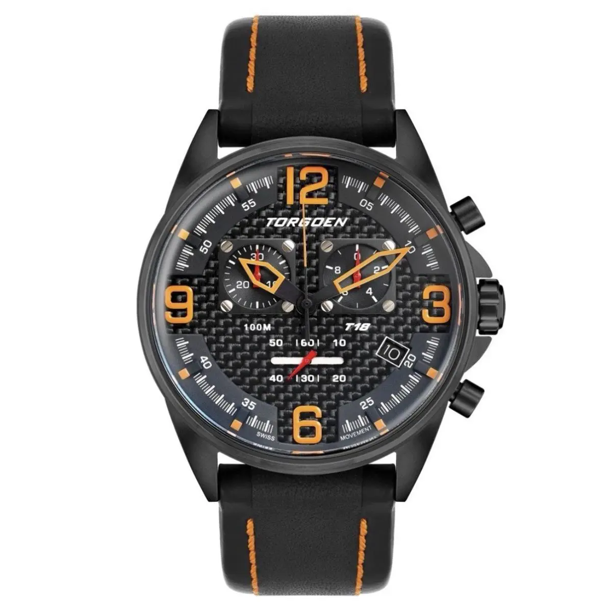 TN-1122 T18 Carbon Fiber 45mm Black Leather Strap Watch by Torgoen