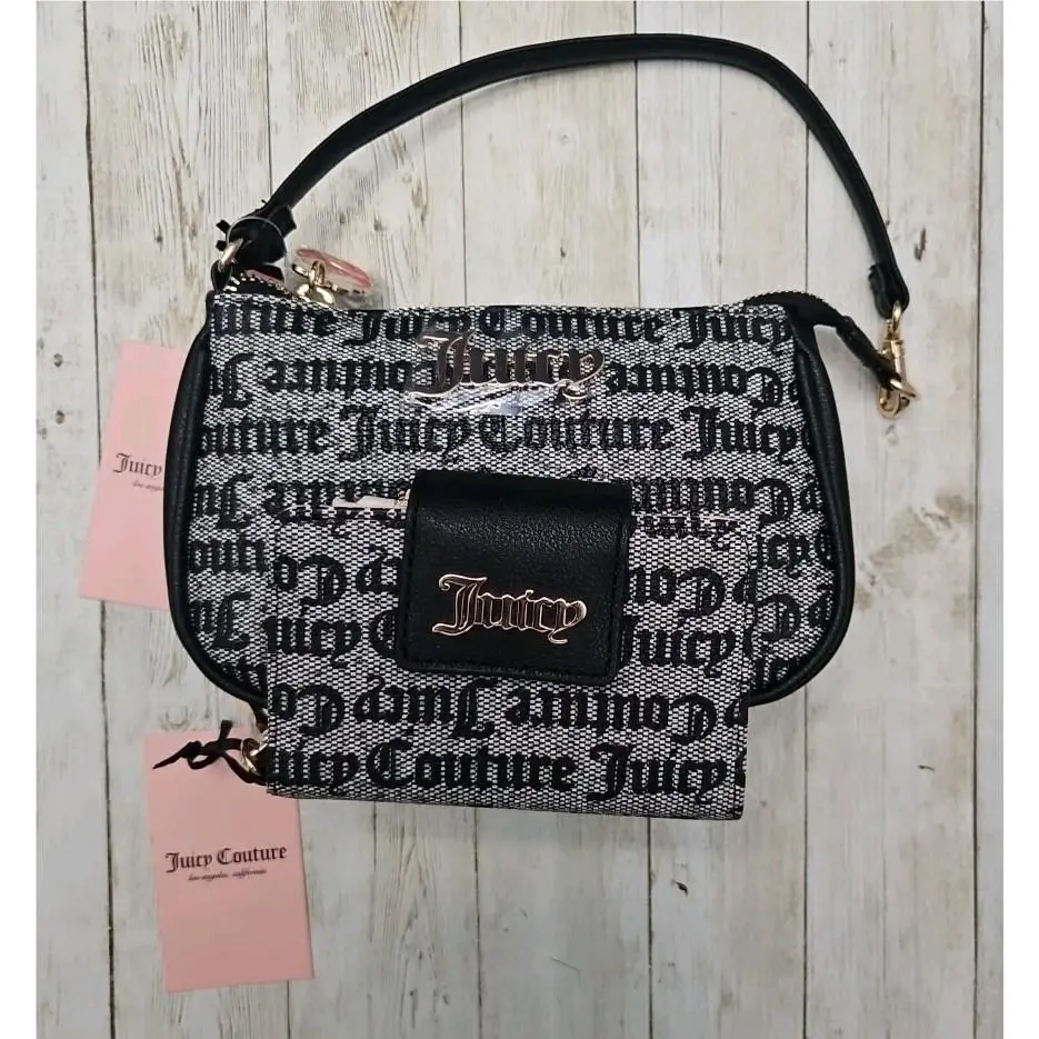 Viral Juicy Couture Berry Sweet Black Beige Purse Wristlet / Wallet