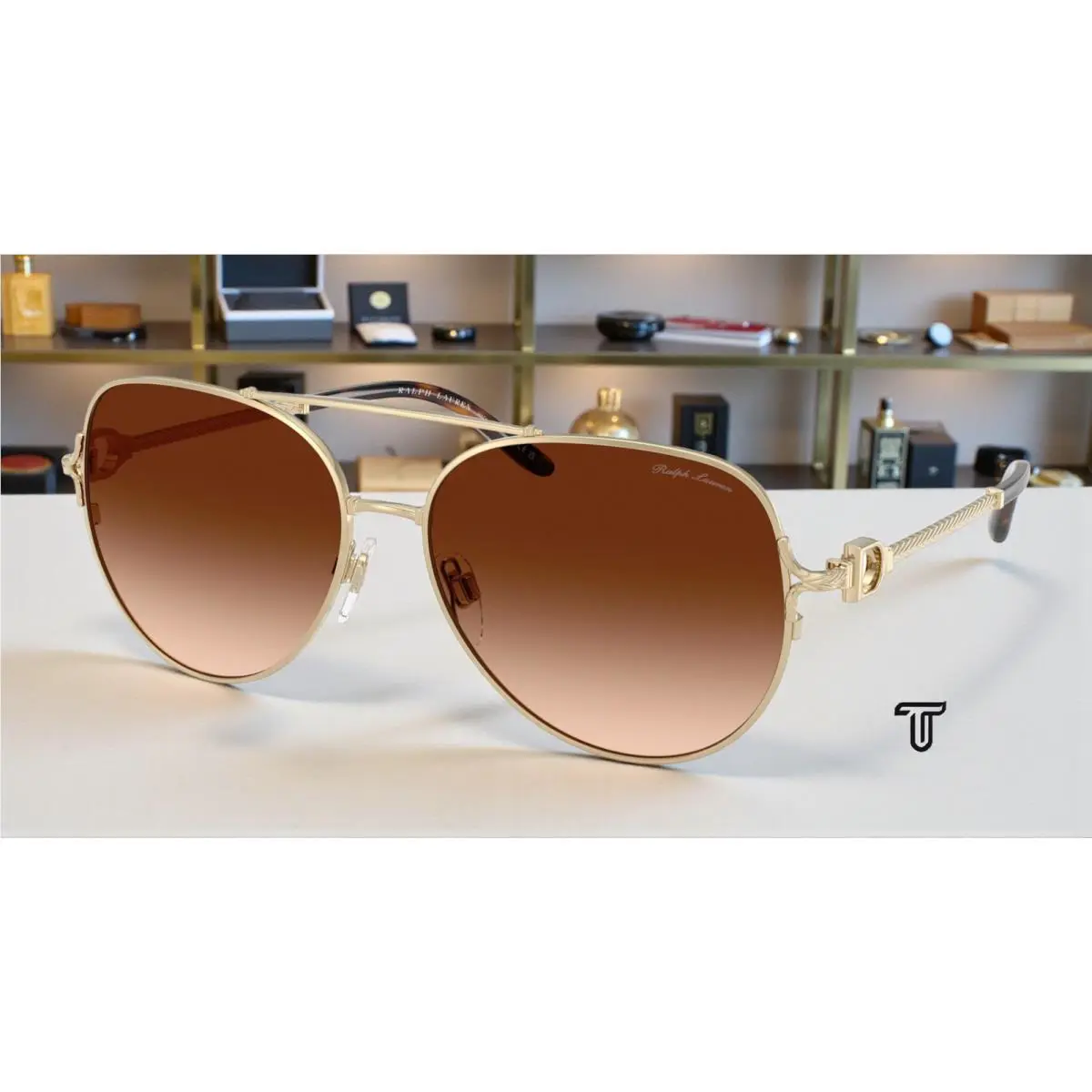 Ralph Lauren RL7087 911674 Shiny Pale Gold Gradit Brown 59 mm Women`s Sunglasses