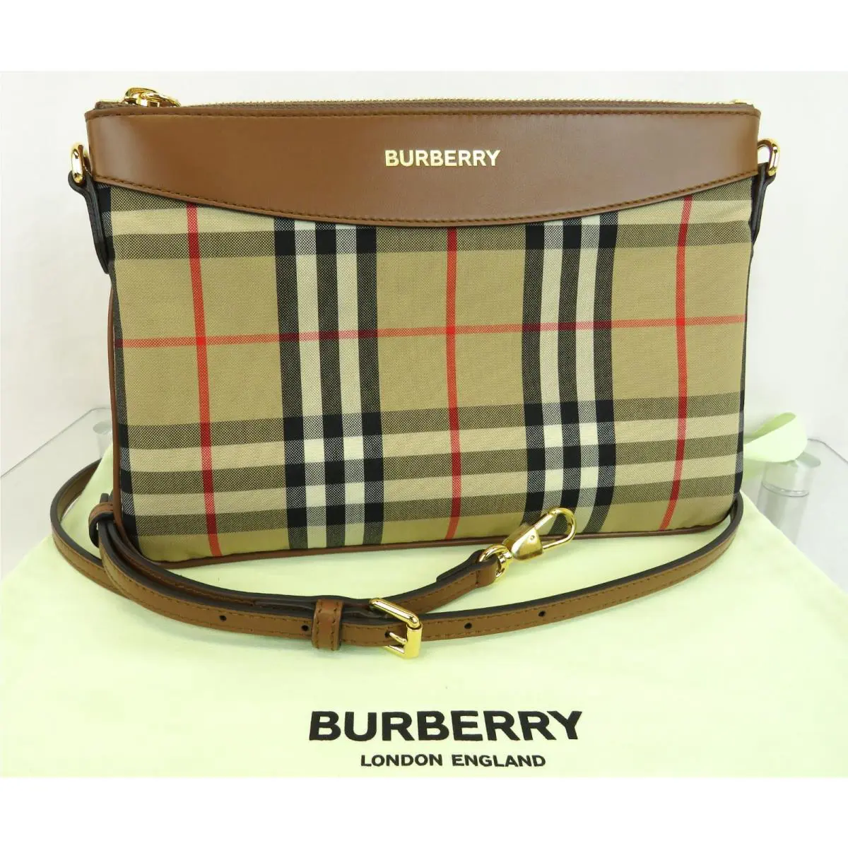 Burberry Peyton Brown Tan Leather Check Canvas Crossbody Logo Bag Italy