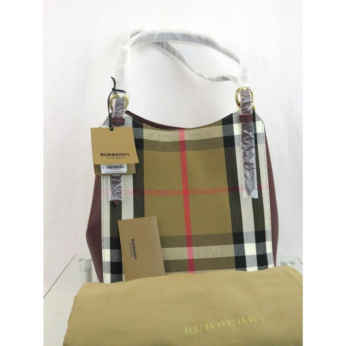Burberry Canterby Bugrundy Leather House Check Canvas Shoulder Small Tote Bag