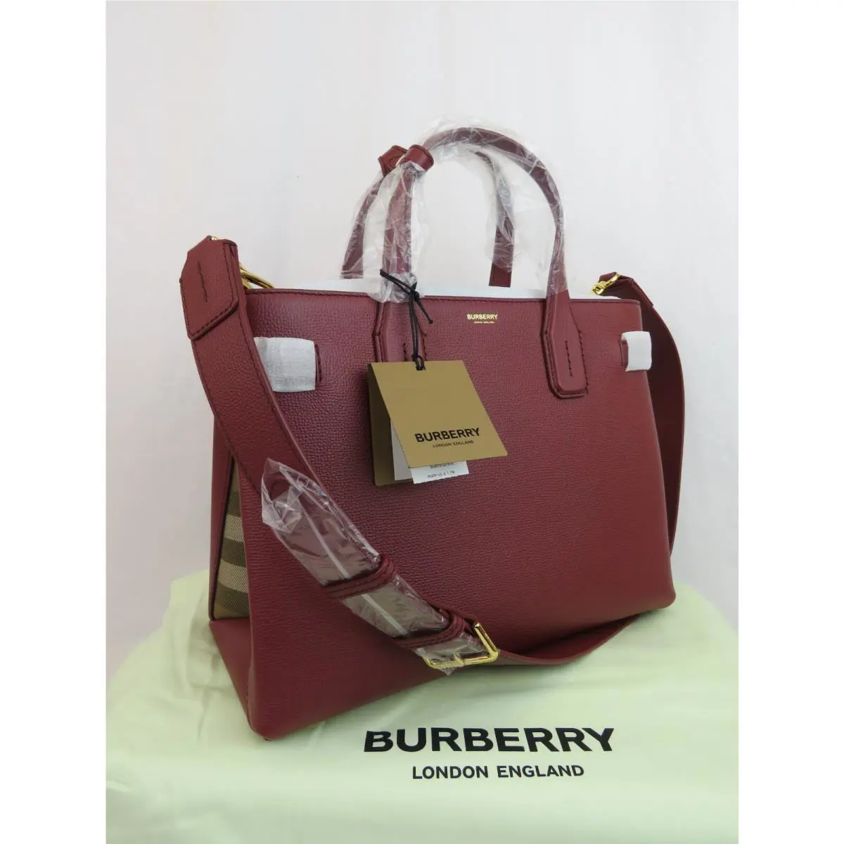 Burberry MD Banner Burgundy Leather Check Canvas Shoulder Medium Tote Bag