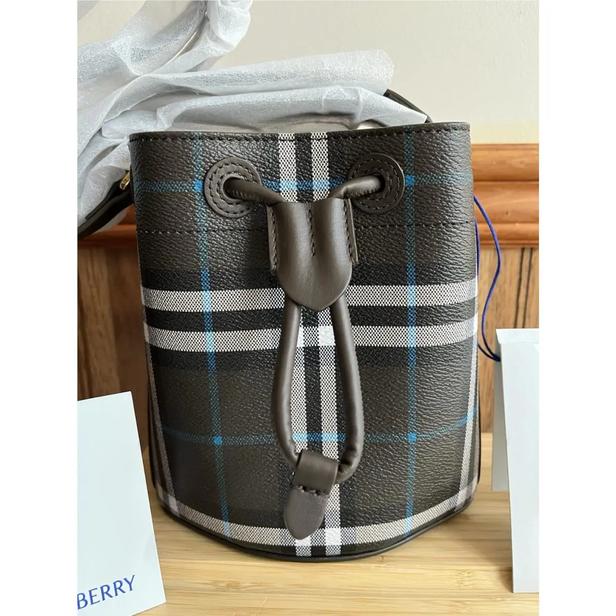 Burberry Mini Check Pattern Canvas Leather Bucket Bag Italy