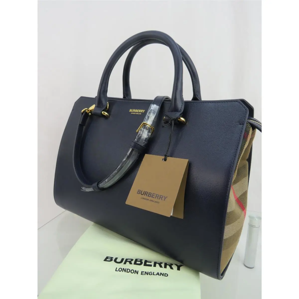 Burberry Banwell Dark Blue Leather Check Canvas Houlder Tote Bag 1950