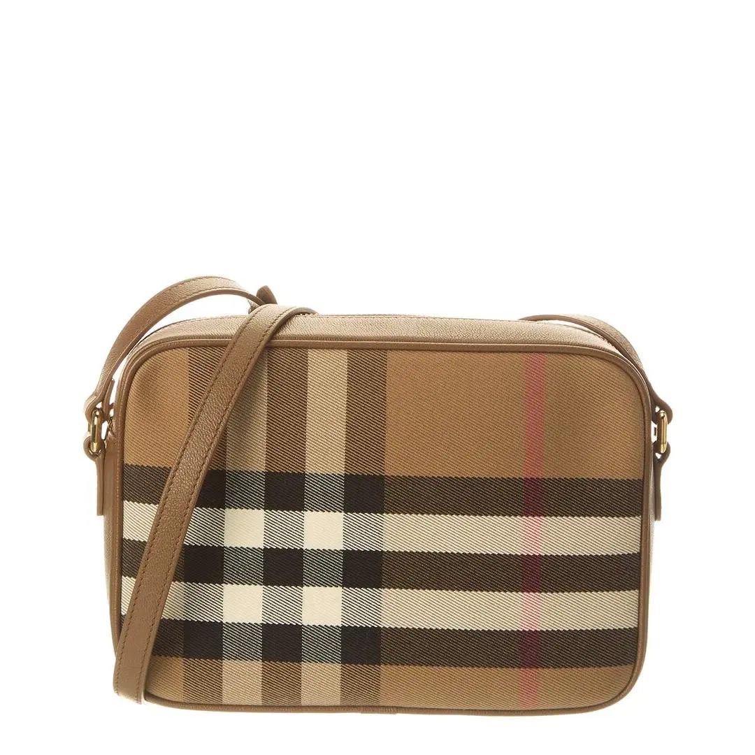Burberry Check Canvas Leather Camera Bag Women`s Brown