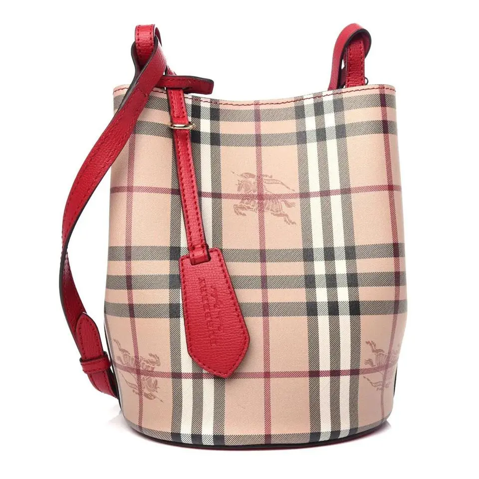 Burberry Lorne Red Haymaket Leather Nova Check Crossbody Bucket Bag Italy