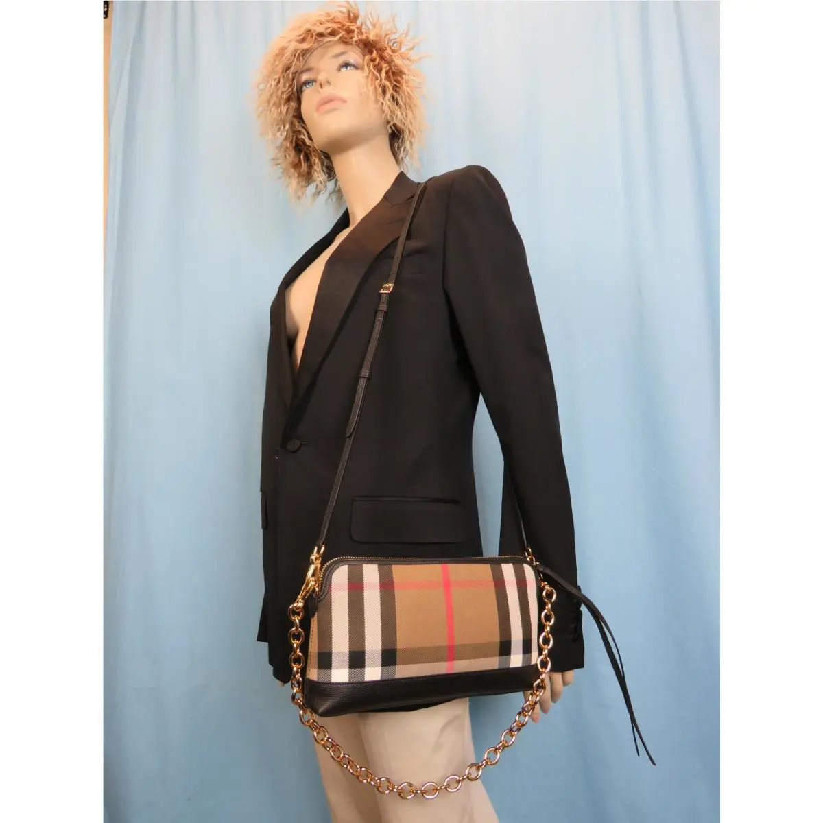 Burberry Abingdon Black Leather House Check Canvas Crossbody Chain Clutch Bag