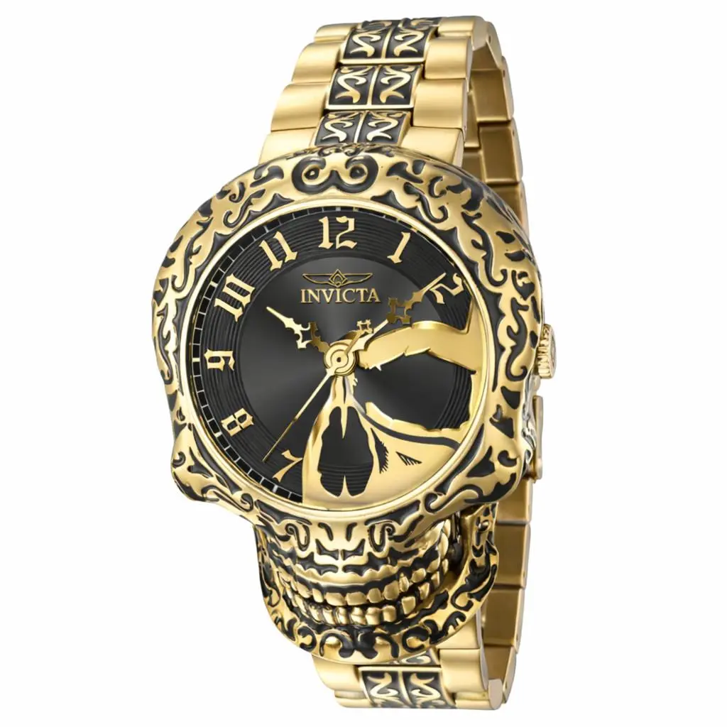Invicta Artist Series Skull Men`s 50mm Gold Skeleton Quartz Watch 35109 - Dial: Gold, Black, Band: Gold, Black, Bezel: Black, Gold, Yellow