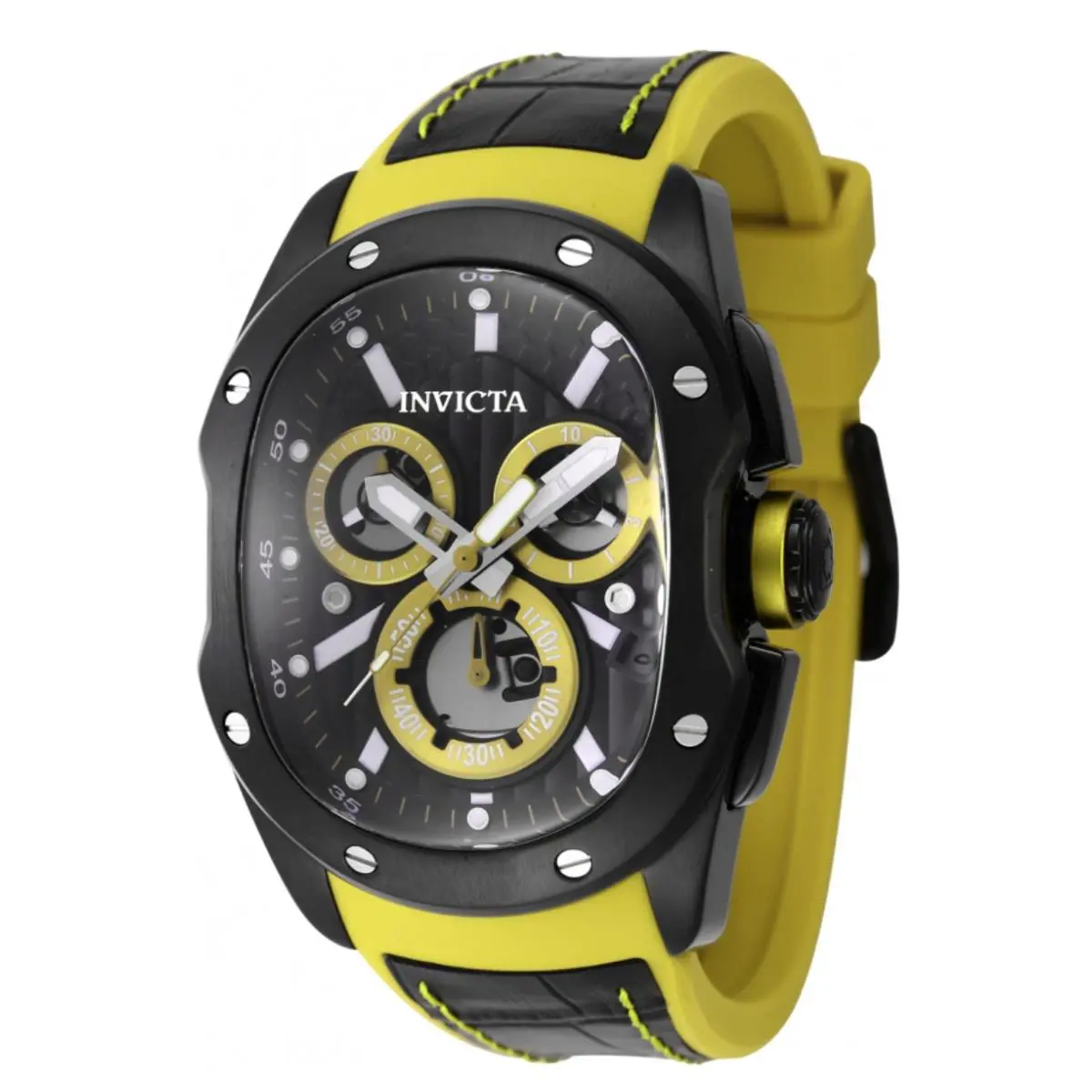 Invicta Lupah Revolution 2.0 Men`s 42mm Black Yellow Swiss Chrono Watch 45439 - Dial: Black, Silver, White, Yellow, Band: Black, Yellow, Bezel: Black, Silver