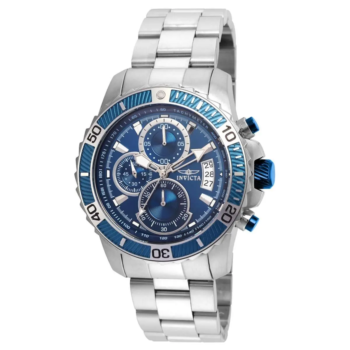 Invicta Men`s Watch Pro Diver Scuba Blue and Silver Tone Dial Bracelet 22413 - Dial: Silver, Blue, Band: Silver, Bezel: Silver, Blue, Black
