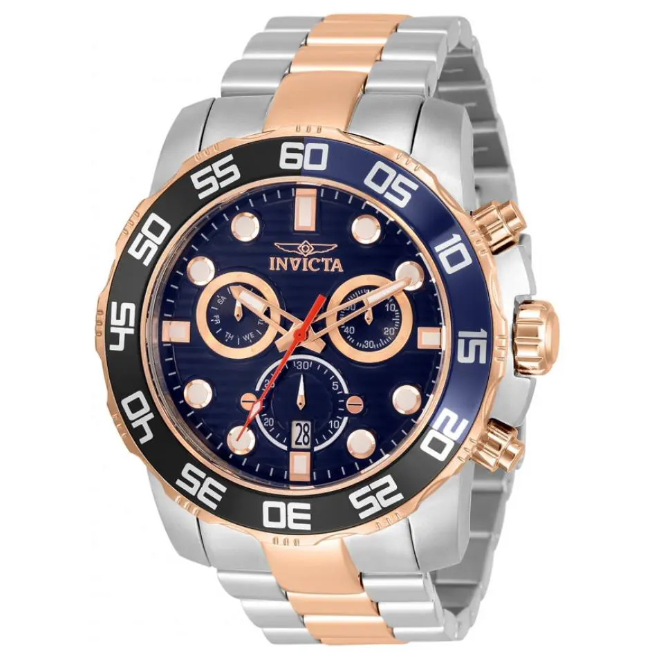 Invicta Pro Diver Scuba Men`s 50mm Blue Dial Rose Gold Swiss Chrono Watch 33301 - Dial: Blue, Multicolor, Rose Gold, White, Band: Silver, Rose Gold, Bezel: Blue, White