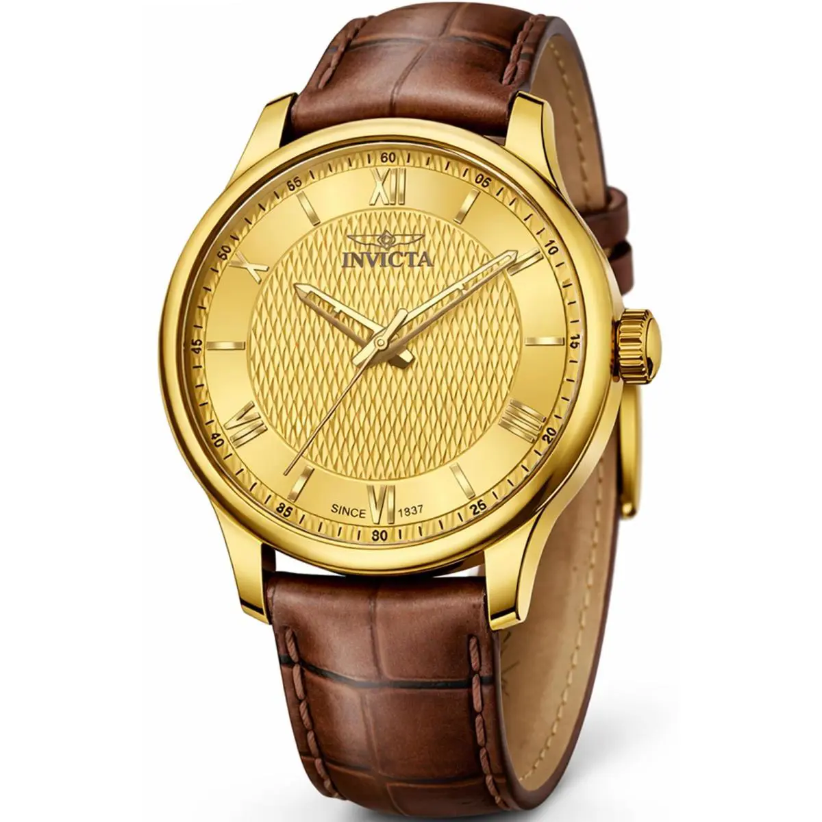 Invicta Celestial 43mm Model Number 50468 Gold Dial Stainless Steel Leather Band