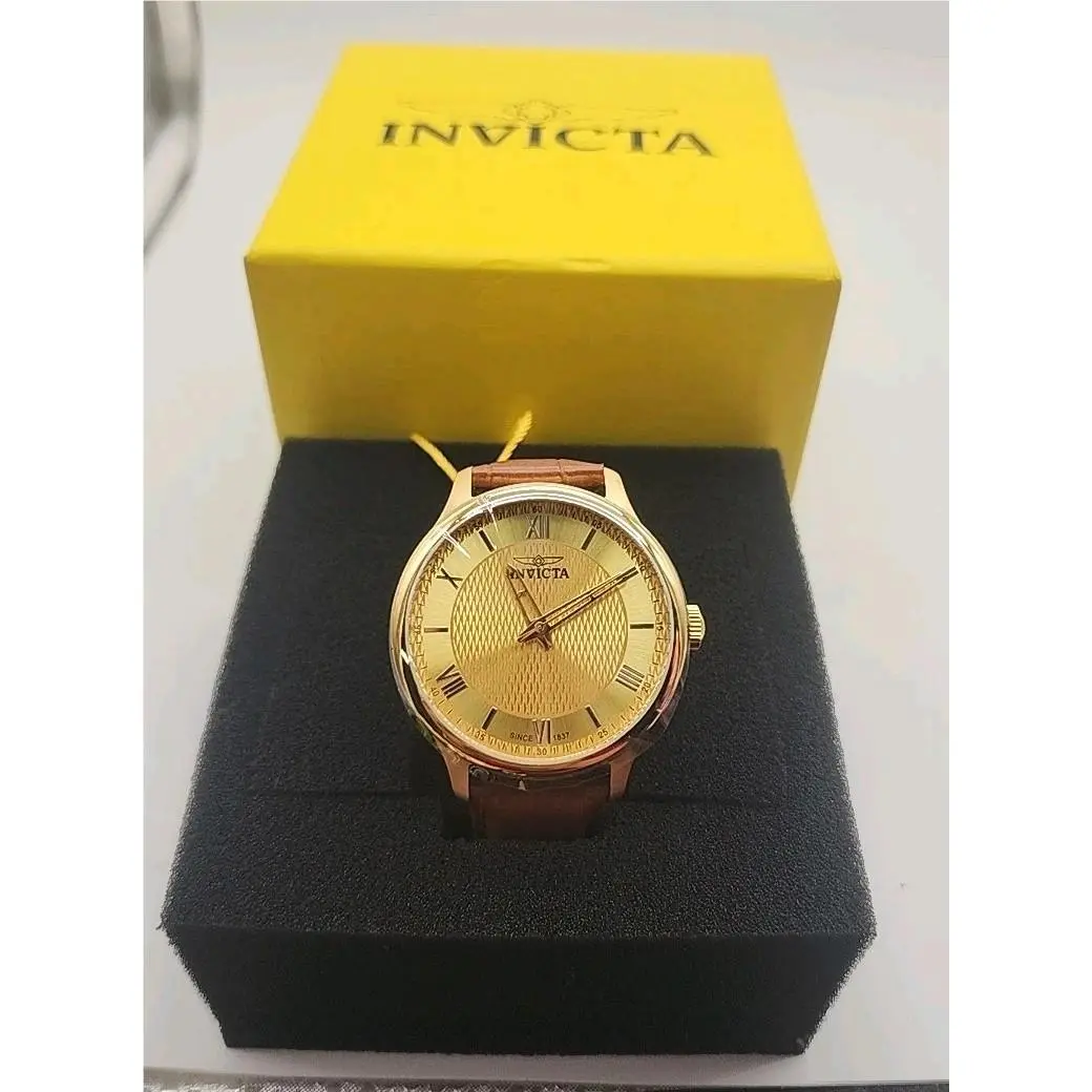 Invicta Celestial 43mm Model Number 50468 Gold Dial Real Leather Band Steel