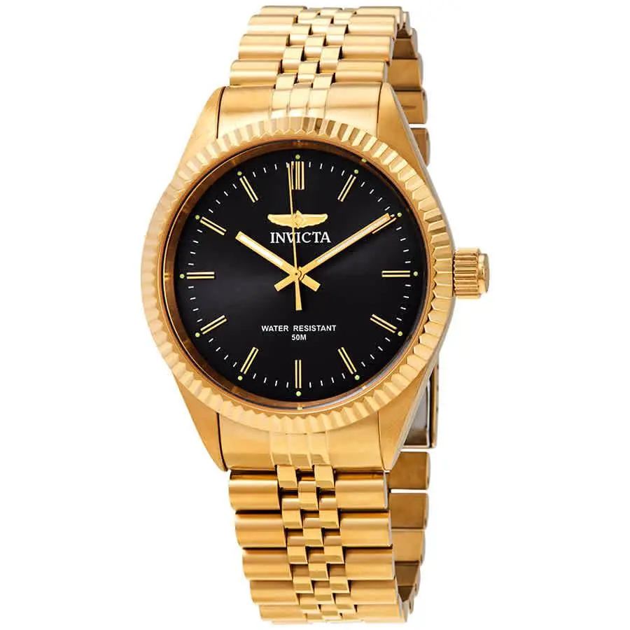 Invicta Specialty Black Dial Yellow Gold-tone Men`s Watch 29383 - Dial: Black, Band: Yellow Gold-tone, Bezel: Yellow Gold-tone