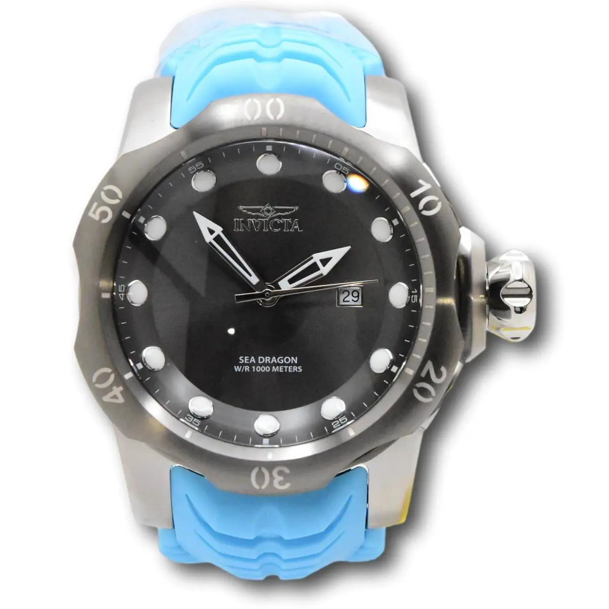 Invicta Venom Sea Dragon Cold Grey Men`s 54mm Swiss Quartz 1000M WR Watch 45500 - Dial: Black, Gray, White, Band: Blue, Bezel: Gray, Silver