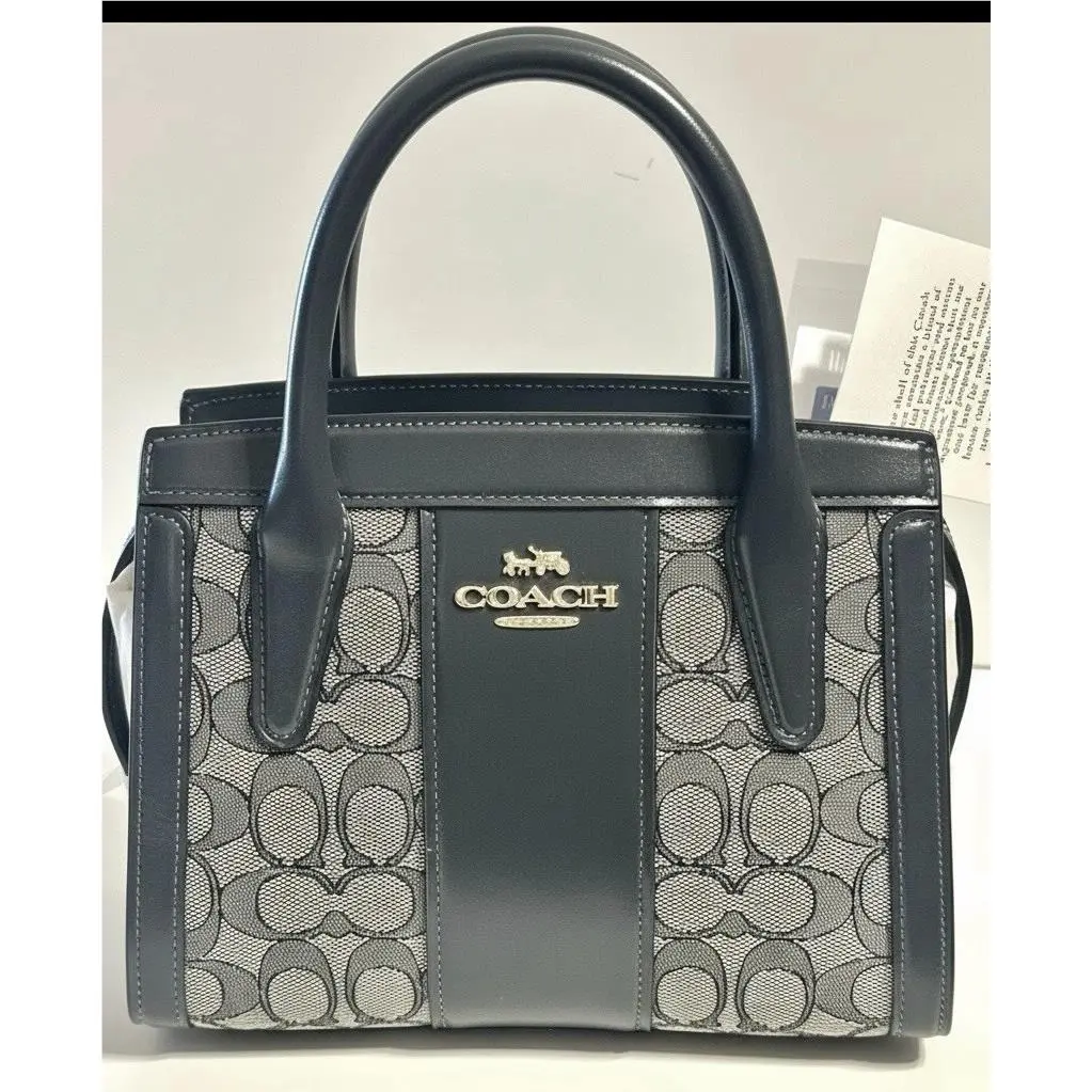 Coach Andrea Carryall Satchel CT766 Signature Jacquard Navy Leather Trim Bag