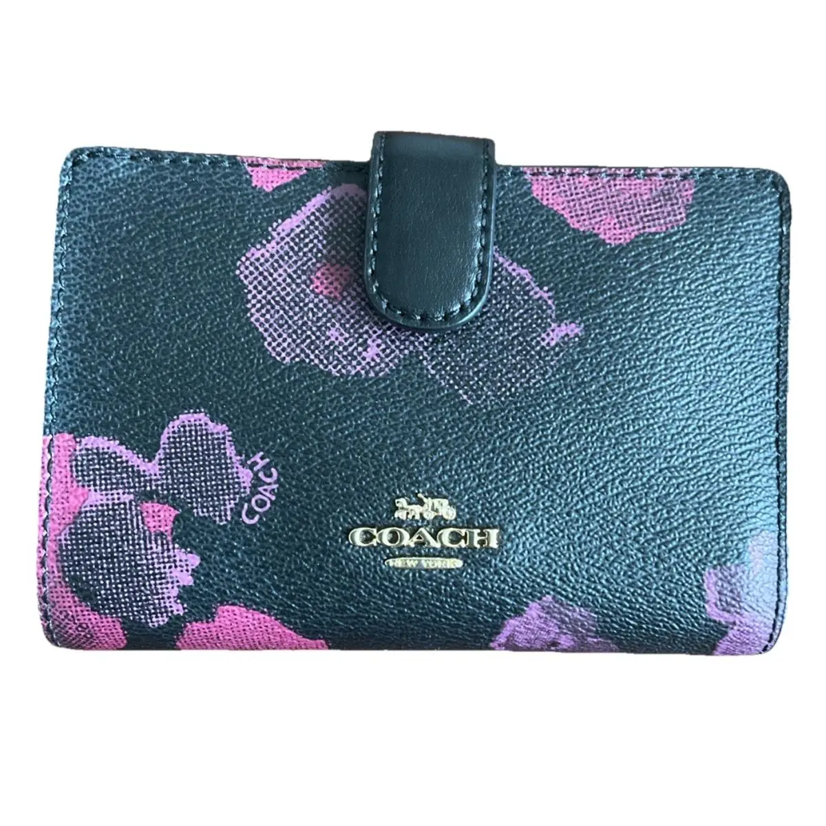 Coach F39127 Medium Corner Zip Floral Print Smooth Leather Wallet Black/wine