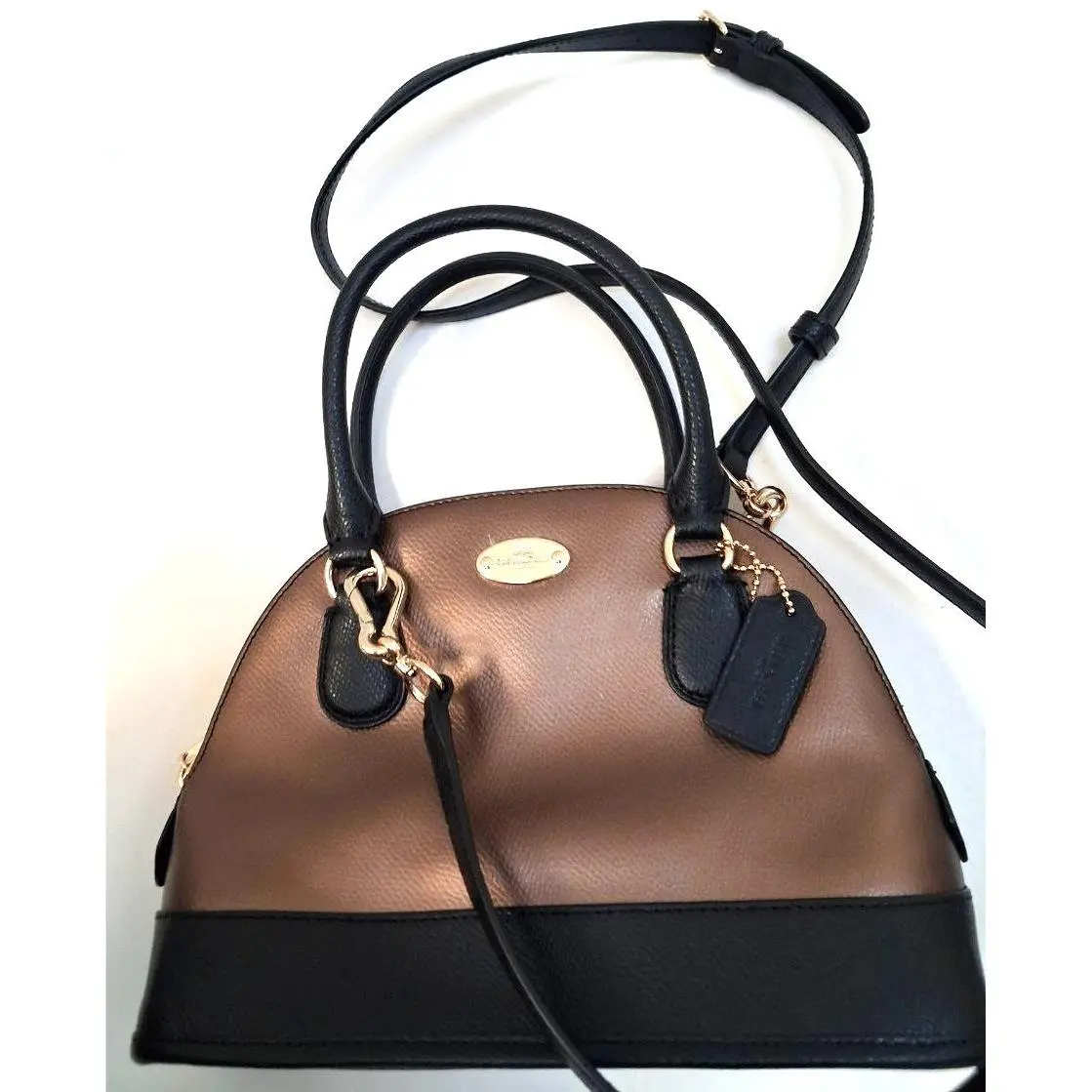 Coach F36054 Mini Cora Domed Satchel Bicolor Metalic Bronze/black Convertible