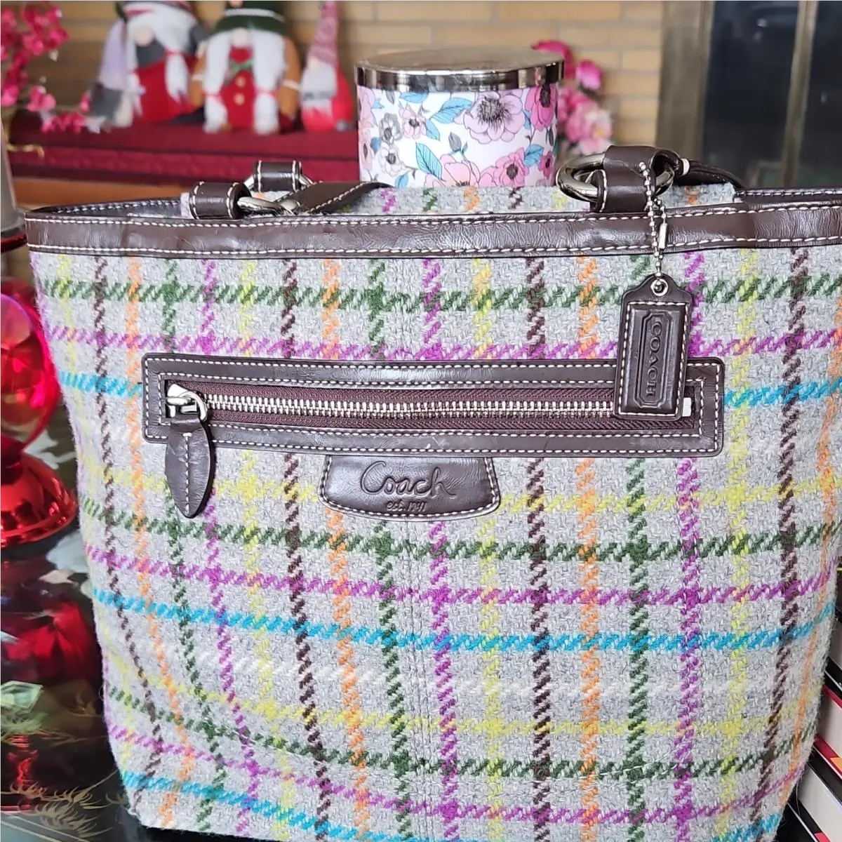 Coach Multicolor Wool Plaid Tote Bag Silver Hardware Zip Closure Logo Tag