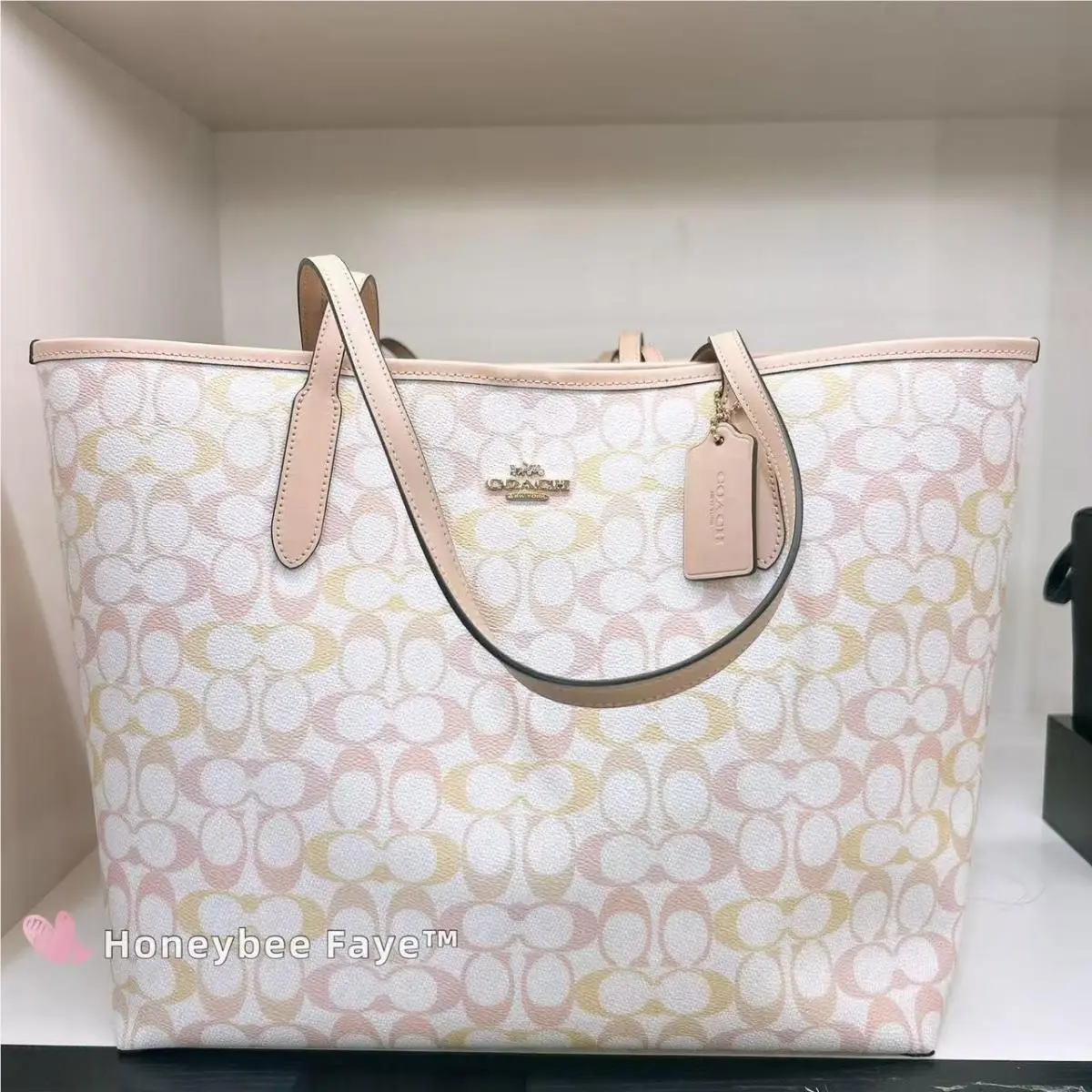 City Tote Bag In Pretty Signature Canvas CDZ04 Chalk/pink by Coach