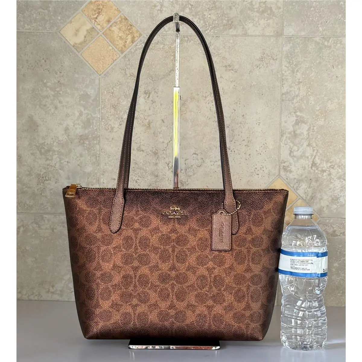 Coach Fiona Signature CC Small Zip Tote Shoulder Bag Metallic Brown Copper