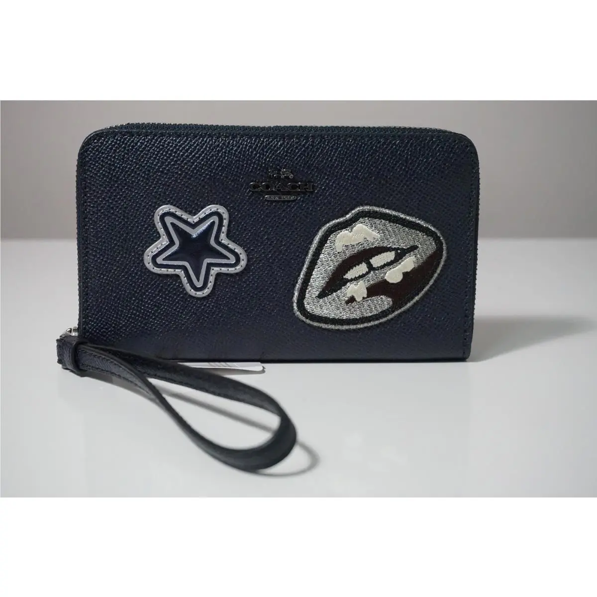 Coach Midnight Blue Leather with Varsity Patches Phone Wallet Wristlet F11853