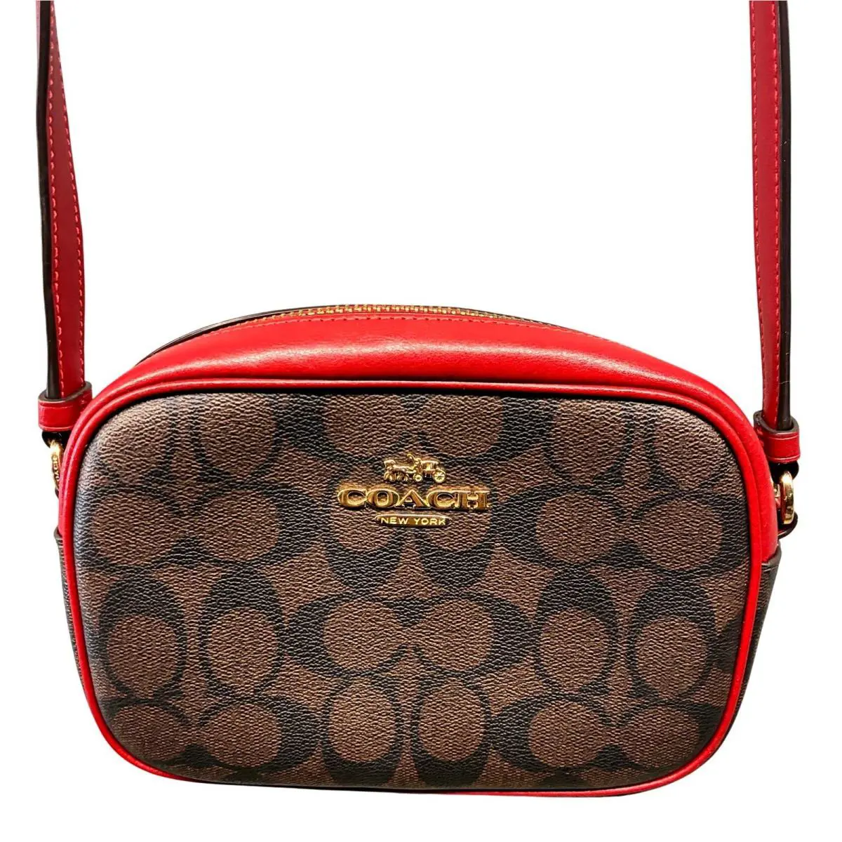 Coach Mini Crossbody Bag Card Case Women`s Brown Red Signature Zip Leather