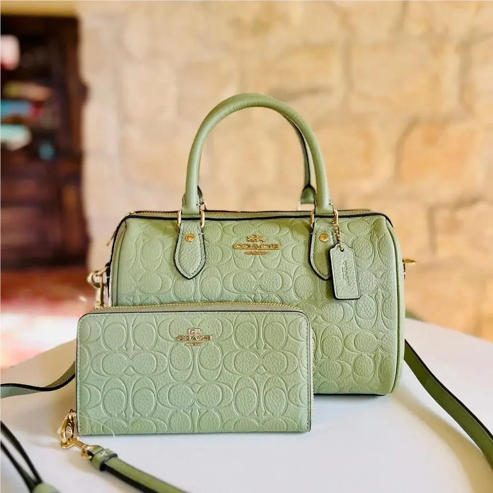 Coach Rowan Satchel Bag Crossbody In Signature Leather+wallet Gold/pistachio